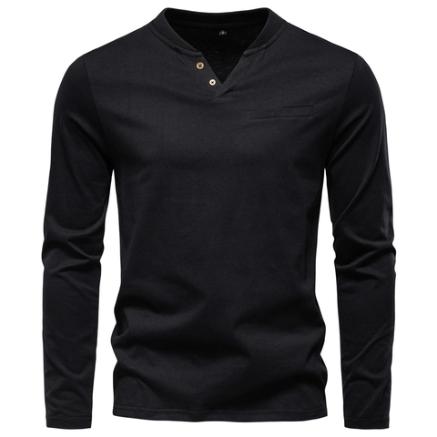 Camiseta Henley De Manga Larga Para Hombre Puro Algodón Ajustada Cuello En V Botón Top Casual Color Sólido Con Bolsillo