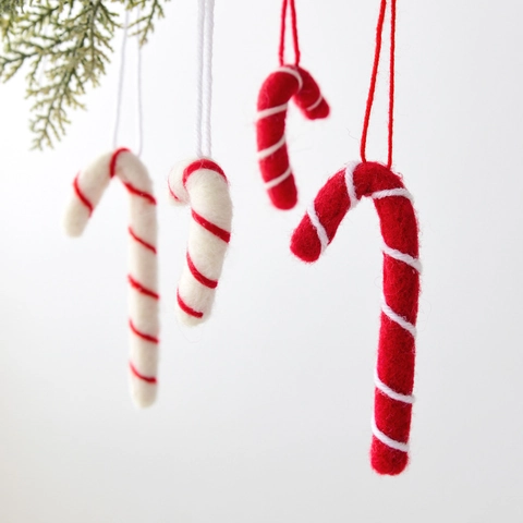 Handmade Wool Felt Christmas Candy Cane Hanging Ornaments Red White Spiral Stripe Mini Festival Home Tree Decor Pendants