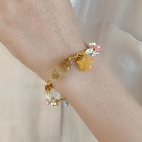 Handgemachtes Gewebtes Armband Harzperlen Stern Katze Anhänger Verstellbarer Süßer Hübscher Schmuck Für Frauen Mädchen
