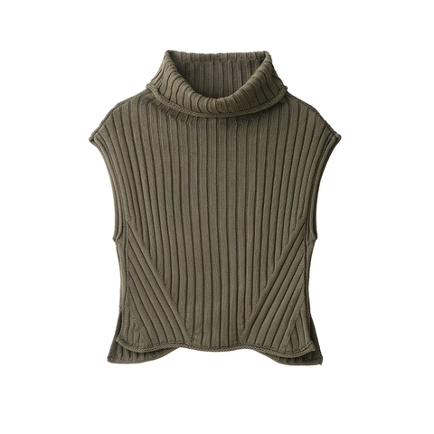 Chaleco De Punto Acanalado Para Mujer Jersey Sin Mangas Cuello Vuelto Abertura Lateral Poliéster Acrílico Casual