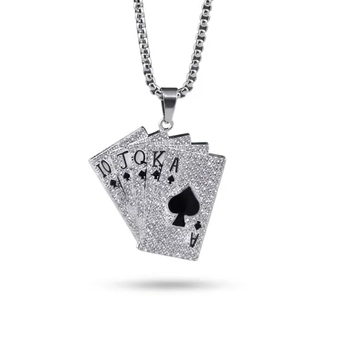 Collana Con Ciondolo Poker Royal Flush Iced Out Lega Strass Gioielli Hip Hop Retro Per Uomini Donne