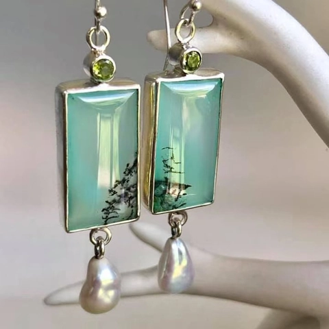 Vintage Geometric Drop Earrings With Artificial Baroque Pearl And Green Moss Agate Stones Irregular Silver Color For Women