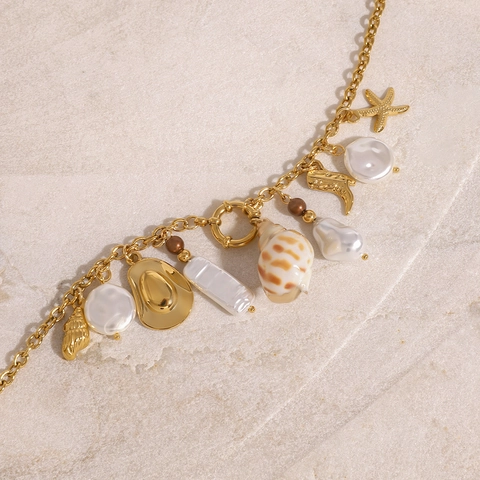 Collar De Acero Inoxidable Oro Multi Colgante Estrella De Mar Concha Perla Barroca Artificial Hebilla De Marinero Joyería De Playa