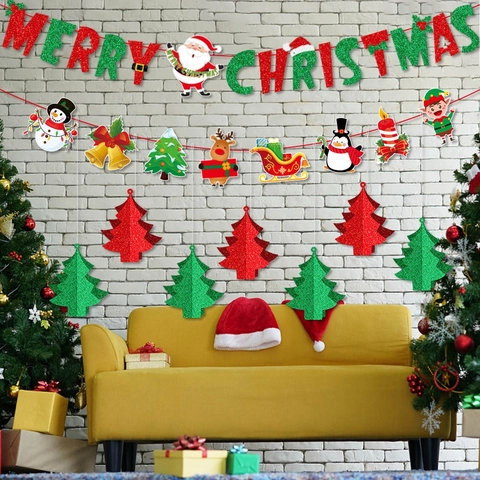 Banner Buon Natale Ornamenti Appesi Carta Luccicante Albero 3D Personaggi Cartoni Animati Decorazione Per Feste