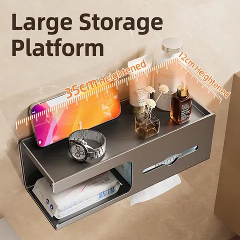 Wall Mounted Toilet Paper Holder Carbon Steel Tissue Box With Storage Shelf Bathroom Organizer Punch Free Gun Grey Modern