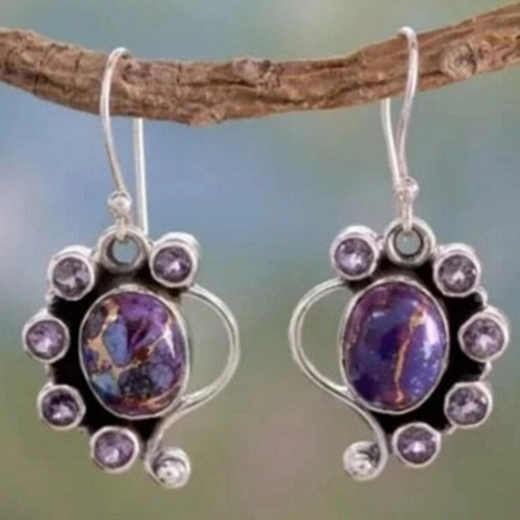 Vintage Ethnic Hollow Carved Earrings Metal Alloy Inlaid With Purple Gemstone Retro Bohemian Jewelry For Women Unique