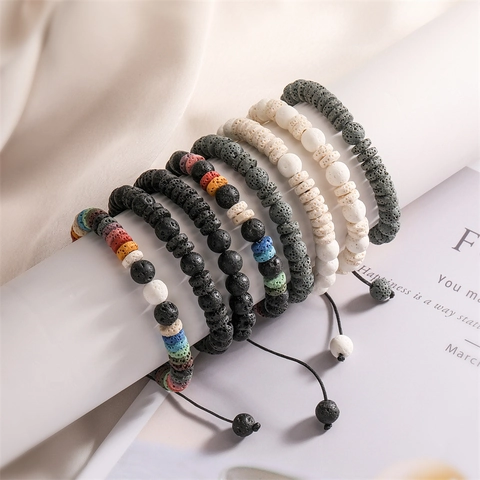 Natural Volcanic Lava Stone Beaded Bracelet Vintage Adjustable Woven Cord Men Jewelry Tiger Eye