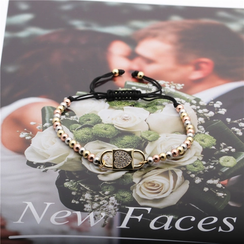 Multicolor Copper Beaded Bracelet Heart Shaped Micro Pave Zircon Lock Pendant Adjustable Black Rope Unisex Jewelry