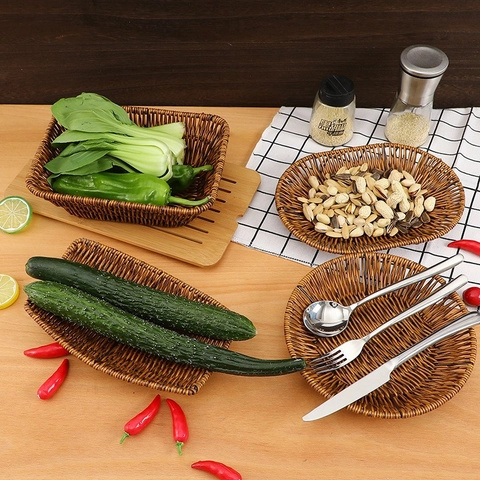 Cesto Per Alimenti Intrecciato In Finto Rattan Vassoio In Plastica PP Per Pane Frutta Popcorn Resistente Marrone