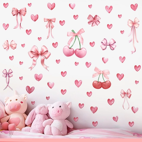 Adesivi Murali Acquerello Rosa PVC Cuore Ciliegia Fiocco Decorazione Per Camera Da Letto Romantica Decalcomanie Per Finestre Rimovibili DIY