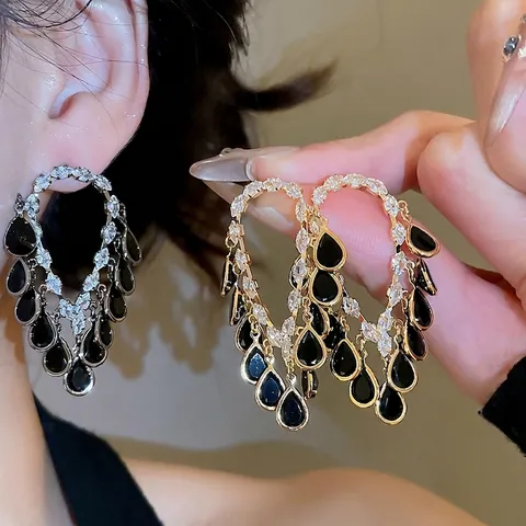 Vintage Royal Style Chandelier Dangle Earrings With 925 Sterling Silver Earring Post Copper Zircon Black Teardrop Luxury