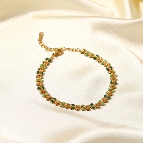 18K Gold Plated Stainless Steel Olive Leaf Bracelet For Women Green Enamel Drip Oil Fashion Adjustable Chain Jewelry