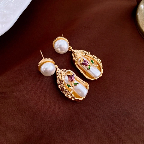 French Vintage Flower Enamel Dangle Earrings Baroque Gold Copper With 925 Sterling Silver Earring Post Artificial Pearl
