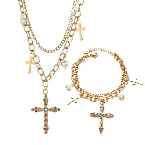 Collana a Doppio Strato in Acciaio Inossidabile con Pendente a Croce Bracciale con Perle Artificiali e Malocchio Donna Gioielli