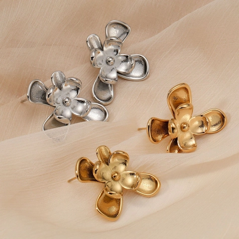 Irregular Flower Stud Earrings Stainless Steel Matte Textured Floral Design Hypoallergenic Waterproof Jewelry For Women