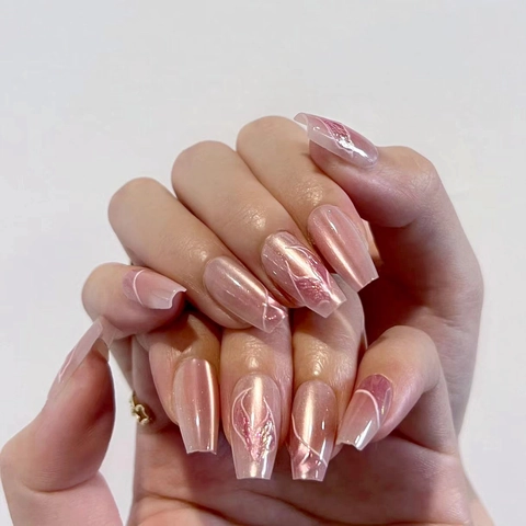 Press On Nagels Roze Gradiënt Cat Eye Zeemeerminstaart Kistvorm Handgemaakt Glitter Kunstnagels Voor Dames