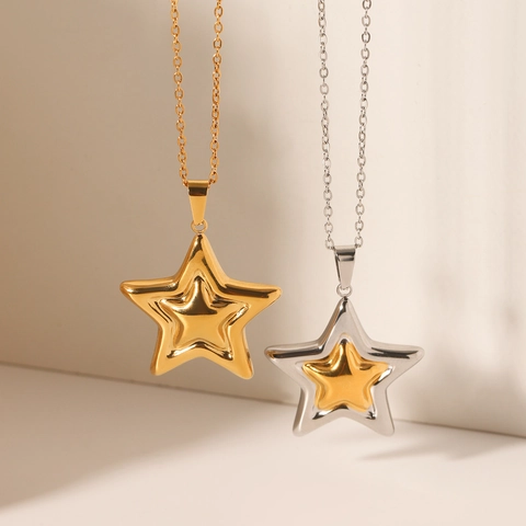 Collana Con Pendente A Stella In Acciaio Inossidabile Pentagramma 3D Bicolore Oro Argento Gioielli Per Donna Moda Accessori Minimalisti
