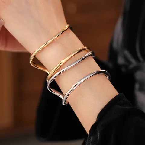 Irregular Wave Double Layer Open Bangle Bracelet Alloy Minimalist Designer Hand Jewelry For Women