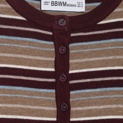 Jersey De Punto A Rayas Para Mujer Cuello Henley Manga Larga Ajuste Ceñido Top Casual Suave Con Botones