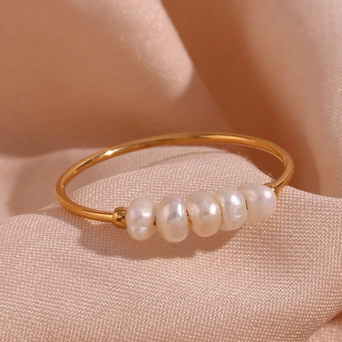 Anillo de Acero Inoxidable Chapado en Oro 18K con Perla de Agua Dulce para Mujer Joyería Geométrica Moda Minimalista