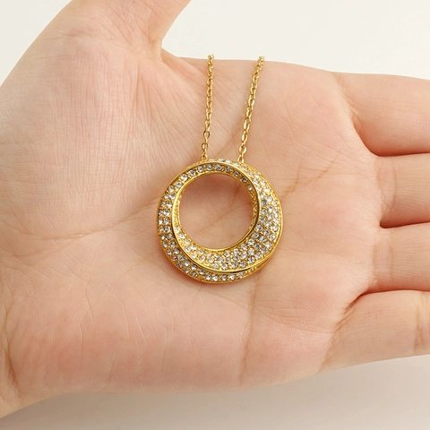 Runde Unregelmäßige Kreis Anhänger Halskette Edelstahl Vergoldet Klar Zirkon Gestreut Retro Ins Stil Schmuck Für Damen