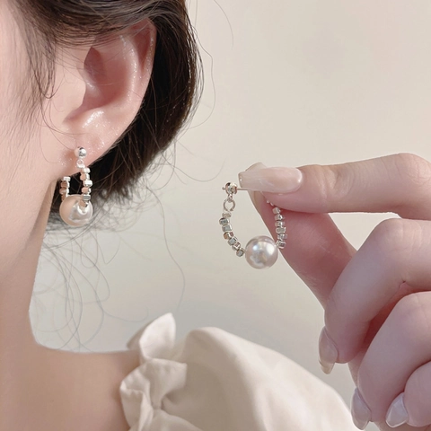 Minimalist Artificial Pearl Hoop Earrings With Geometric Metal Square Beads And Silver Earring Post Elegant Drop Jewelry For Women