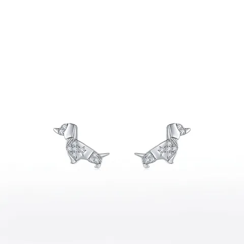 Dachshund Dog Stud Earrings 925 Sterling Silver Zircon Geometric Origami Animal Design Minimalist Jewelry For Women