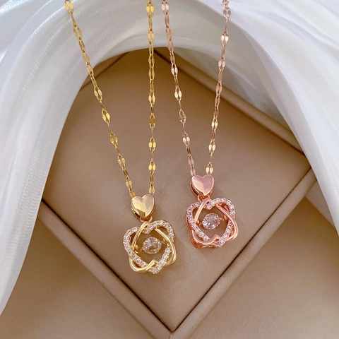 Ineinandergreifende Doppelherz Anhänger Halskette Titanstahlkette Kupfer Mikropflaster Zirkonia Schmuck Für Damen
