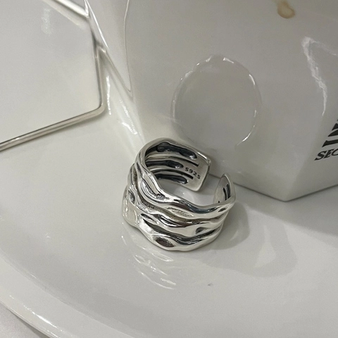 925 Sterling Silber Offener Ring Damen Flüssigmetall Unregelmäßige Welle Mehrlagig Verstellbarer Nischen Retro Fingerring