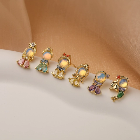 Fairy Tale Princess Goldfish Stud Earrings 18K Gold Plated Copper With Zircon And Synthetic Opal Dainty Sweet Jewelry For Women