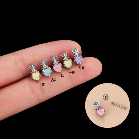 Heart Shaped Helix Earring Cat Eye Stone Crown Decor Stainless Steel Post Screw Ball Back Piercing Jewelry For Women