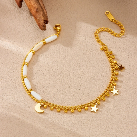 Double Layer Anklet Stainless Steel Gold Plated White Rice Beads Star Moon Charms Fashion Foot Jewelry For Women