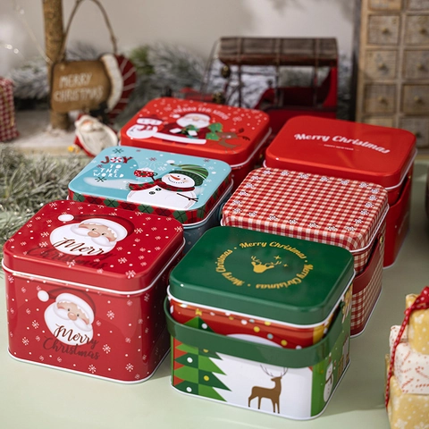 Festliche Weihnachts-Weißblech-Geschenkbox Metall-Aufbewahrungsbehälter Mit Griff Für Süßigkeiten Kekse Tragbarer Party-Gefallen