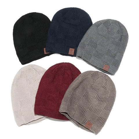 Berretto in Maglia Invernale da Uomo Caldo Spesso Motivo a Scacchi Slouchy Skull Cap Con Toppa in Pelle Per Sport All'aperto