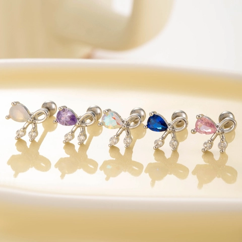 Orecchini a Bottone in Acciaio al Titanio con Fiocco e Zirconia Pietra a Pera Doppia Vite Gioielli Piercing per Donna