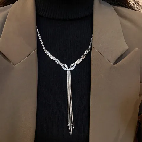 Silver Tone Copper Y-Shape Necklace Multi-Layer Tassel Woven Twisted Chain Minimalist Elegant Jewelry For Women
