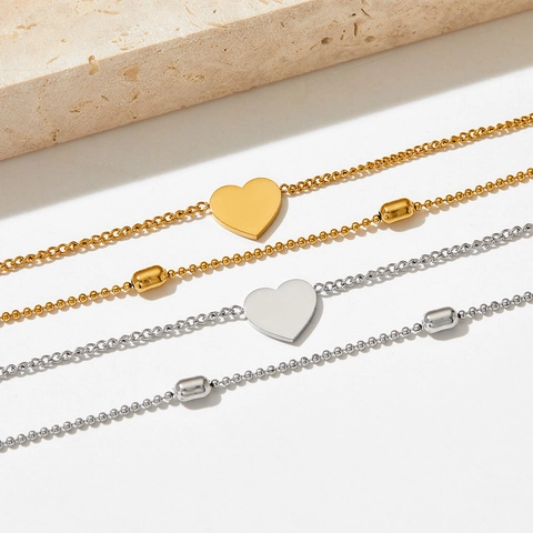 Double Layer Stainless Steel Heart Pendant Anklet Beaded Beach Jewelry For Women Summer Style