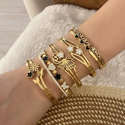 Mode Or Acier Inoxydable Strass Fleur Papillon Coeur Bracelet Jonc Pour Femmes Bijoux De Style Urbain Cadeau