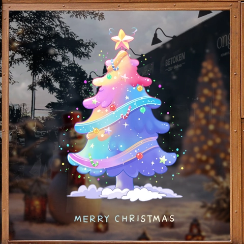 Christmas Tree Window Cling Rainbow Gradient PVC Static Sticker Double Sided Removable No Glue Holiday Glass Decoration