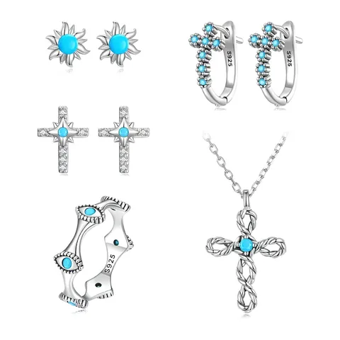925 Sterling Silver Jewelry Set Women Turquoise Zirconia Cross Sun Evil Eye Stud Earrings Ring Necklace Vintage Fashion Jewelry