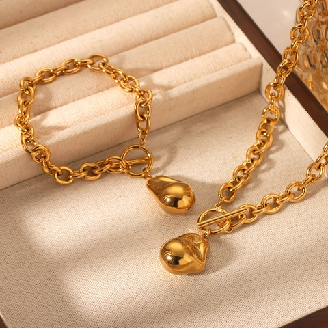 Collier Et Bracelet En Acier Inoxydable Pendentif Goutte De Lave Irrégulière Fermoir OT Plaqué Or Style Industriel Ins