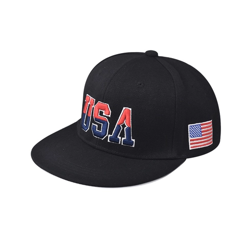 Snapback Baseball Cap Cotton USA Embroidery Flat Bill Hat With American Flag Patch Hip Hop Style Adjustable For Adult