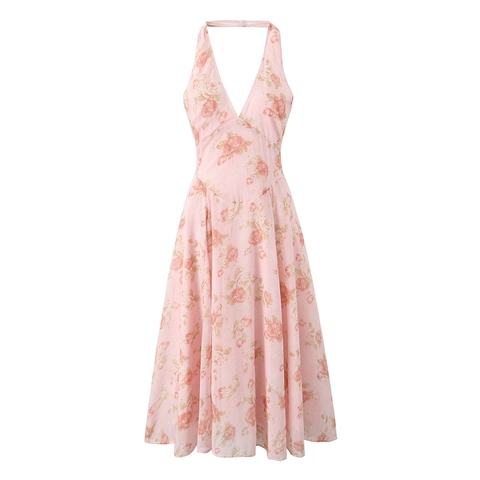 Halter Midi Dress Deep V Neck Floral Pattern Backless Sleeveless Polyester Sweet Sexy Style For Women Vacation