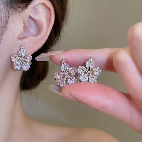 Flower Zircon Inlaid Copper Hoop Earrings Sweet Elegant Korean Style Jewelry For Women With Silver Earring Post