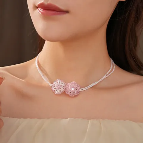 Collana Di Perline Di Vetro Fatta A Mano Doppio Strato Dolce Pendente Fiore Rosa Elegante Catena Di Clavicola Gioielli