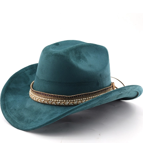 Retro Western Cowboy Hat Suede Fabric Multi Layer Beaded Artificial Pearl Band Wide Brim Ethnic Fedora For Unisex