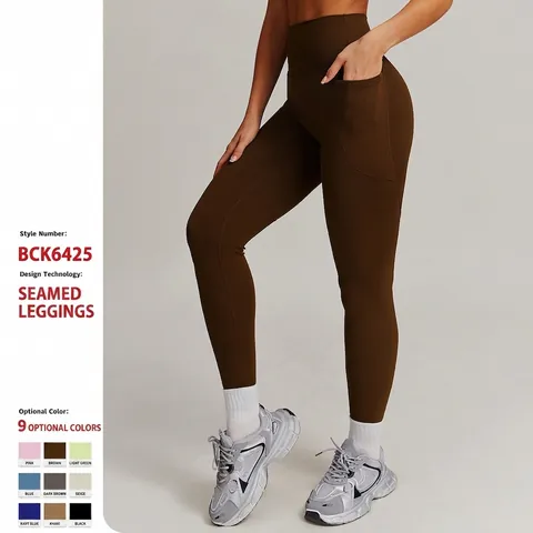 Pantaloni Da Yoga Vita Alta Donna Leggings Push Up Con Tasche Laterali Nylon Spandex Controllo Pancia Fitness Corsa