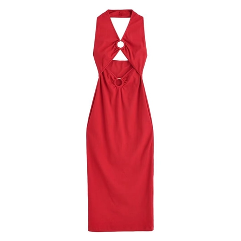 Ribbed Knit Halter Midi Dress Cut Out Bodycon Sleeveless With Metal Ring Solid Color Elegant Women