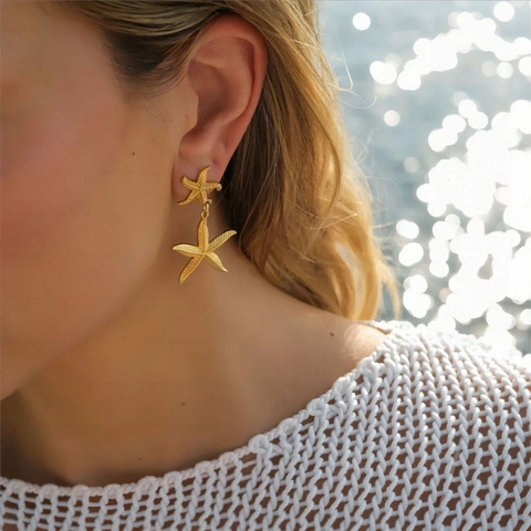 Pendientes De Estrella De Mar Colgantes Acero Inoxidable Chapado En Oro 18K Doble Capa Océano Playa Joyas Para Mujer
