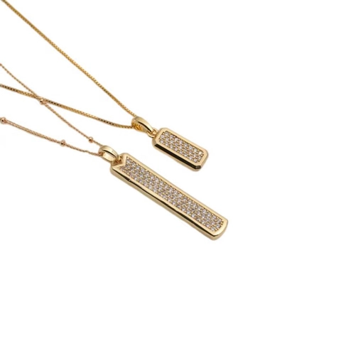 Pendant Necklace Rectangular Bar Copper Gold Plated Geometric Cubic Zirconia Bead Chain Jewelry For Women